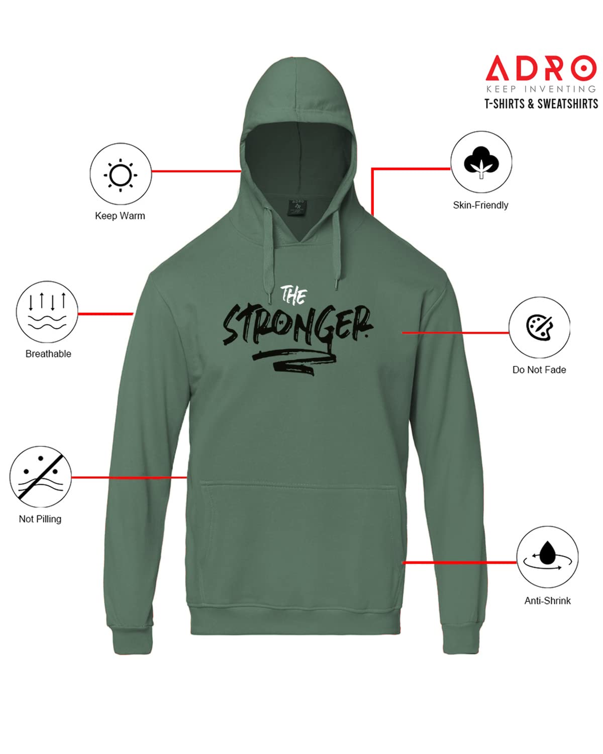 ADRO Men and Women's Cotton The Stronger Hooded Neck Sweatshirts (H20-M-SGR-PT_Pista)