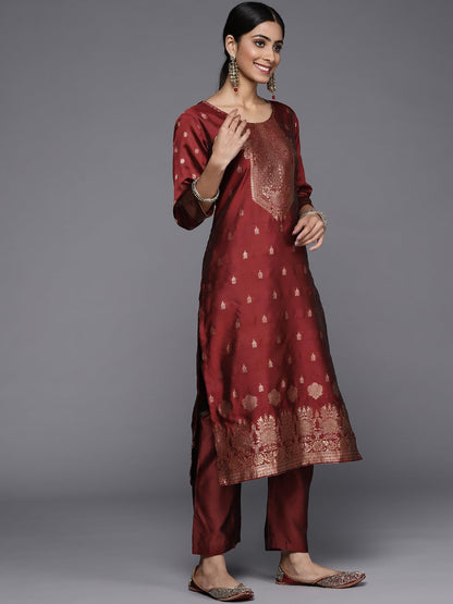 Varanga Maroon and Gold Brocade Kurta Paired with Straight Pant and Chiffon Dupatta