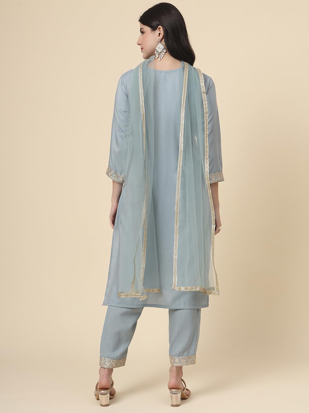 Ekasya WomenS Silk Embroidered Cornflower Blue Straight Cut Calf Length Round Neck Kurta Pant With Dupatta Set (E1742)