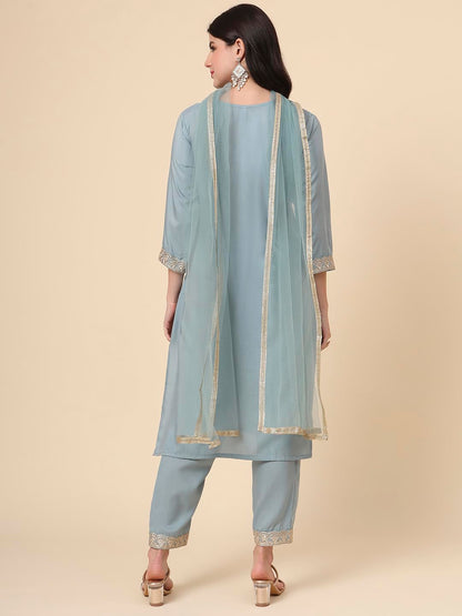 Ekasya WomenS Silk Embroidered Cornflower Blue Straight Cut Calf Length Round Neck Kurta Pant With Dupatta Set (E1742)