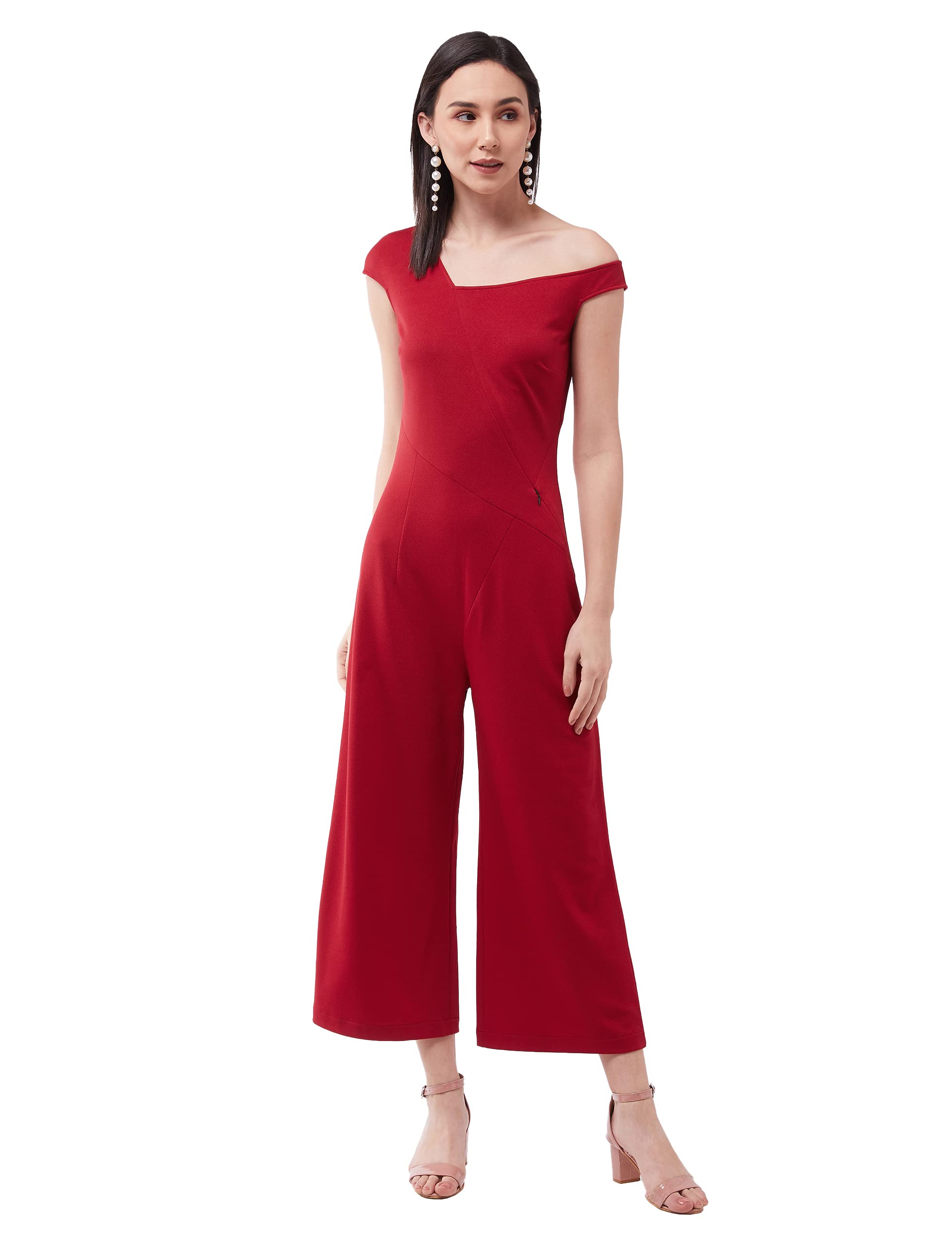 Miss Chase Womens Red Solid Slim Fit One-Shoulder Cap Sleeve Crop Length Asymmetrical Jumpsuit (MCSS21D04-81-606-05, Cherry Red
