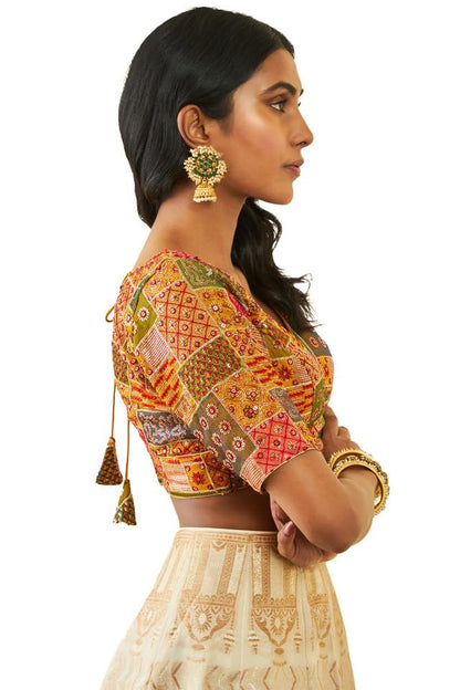 Soch Womens Mustard Tussar Sequin Embroidered V-Neck Back-Open Blouse