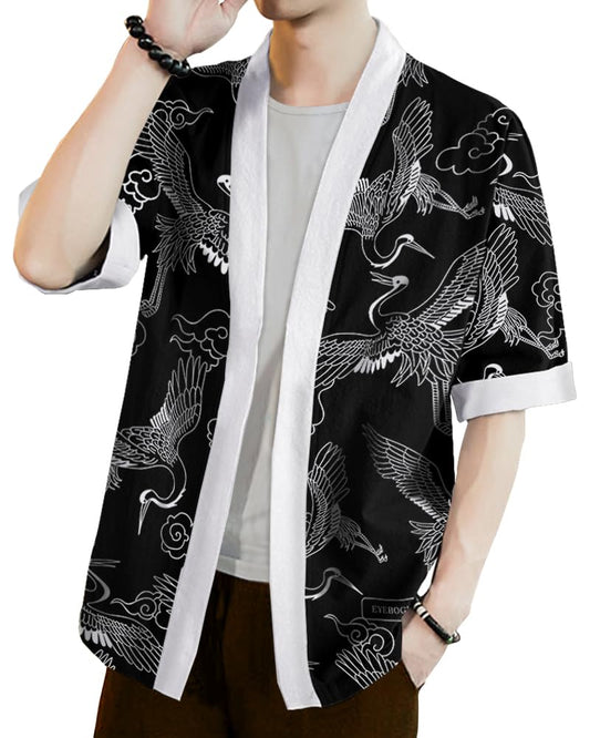 Eyebogler Men Cotton Blend Casual Printed Open Shrug Black White