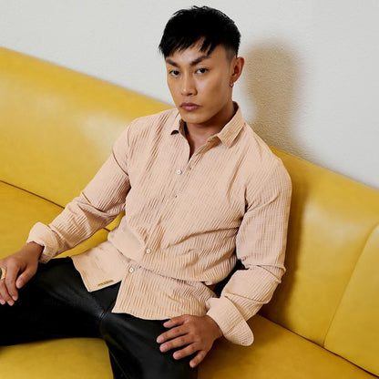 Campus Sutra Mens Beige Self-Design Intertwine Shirt for Casual Wear | Spread Collar | Long Sleeve | Button Closure | Shirt Cra
