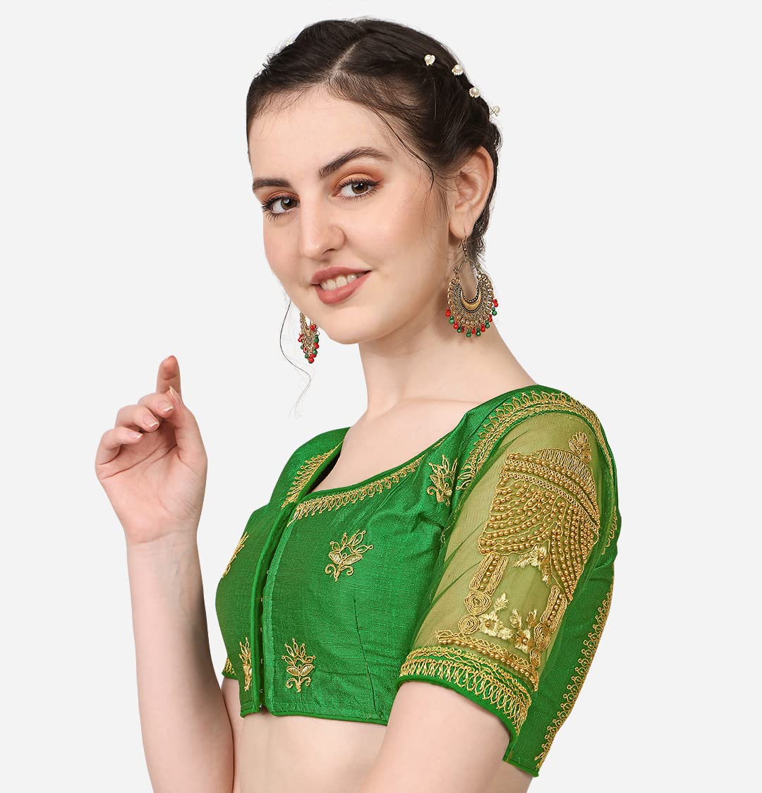 Pujia Mills WomenS Multicolor Temple Embroidery Net Back Sequence Khatli Work Sleeves Design Phantom Silk Readymade Saree Blous