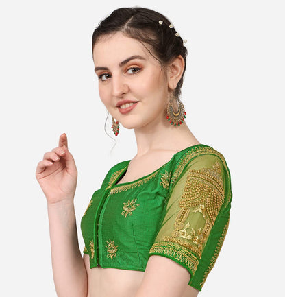 Pujia Mills WomenS Multicolor Temple Embroidery Net Back Sequence Khatli Work Sleeves Design Phantom Silk Readymade Saree Blous