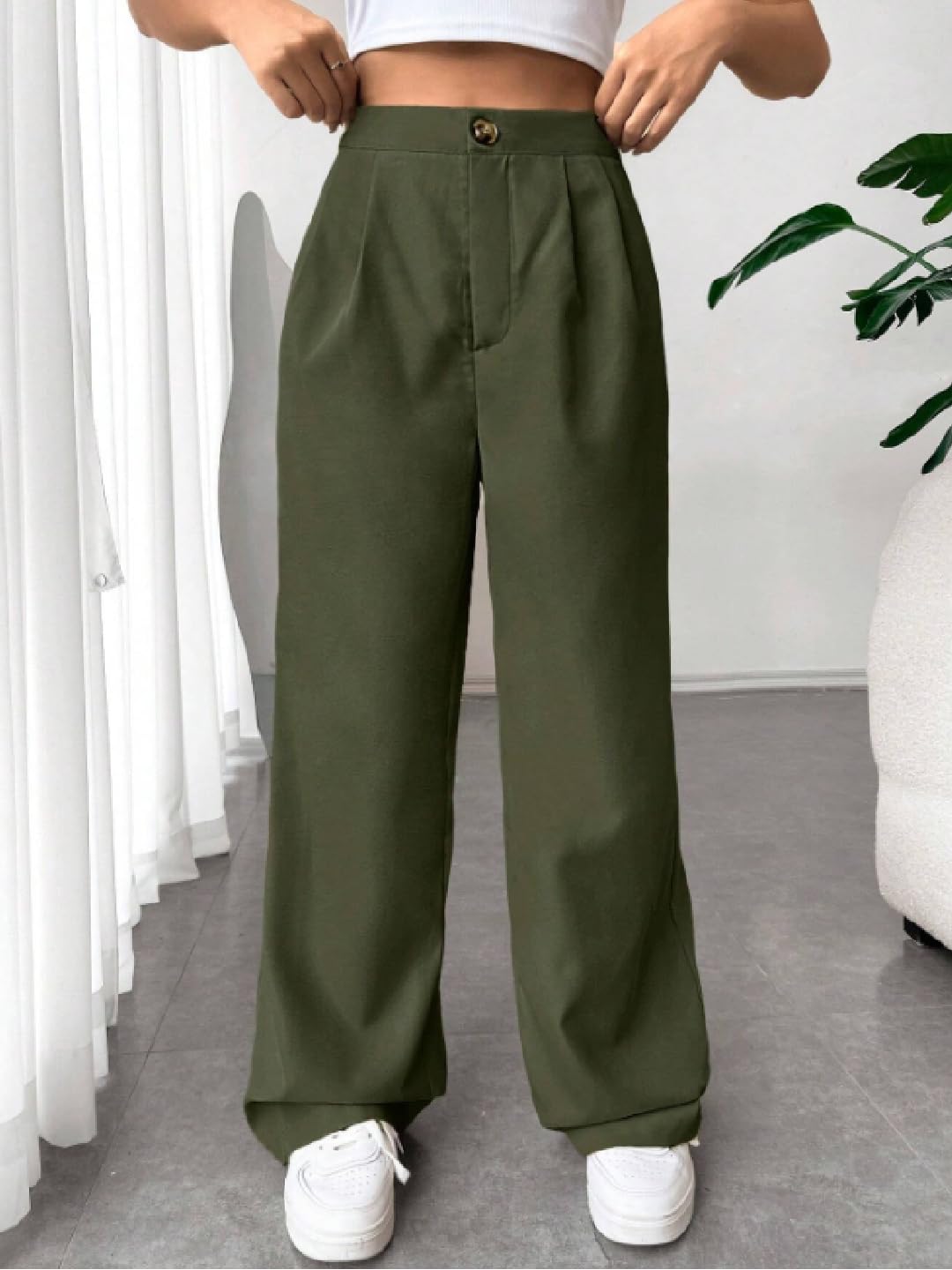 OOMPH! Womens High-Waisted Pant | Wide Leg Trousers | Korean Style Stretchable Trouser Pear Green