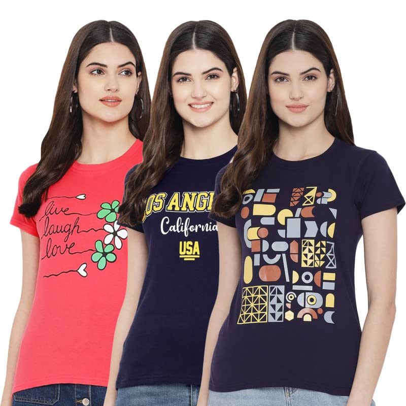 Preneum Womens Cotton Regular Fit Latest Graphic Stylish Printed Short Sleeves Casual T-Shirt || Trendy (Pack 3), Pink & Navy B