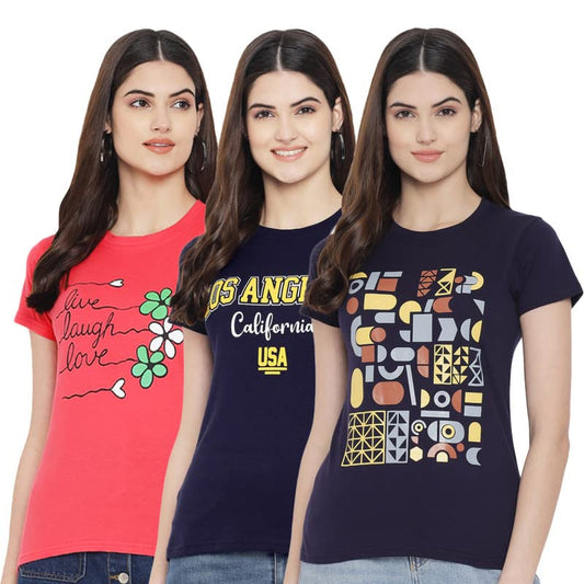 Preneum Womens Cotton Regular Fit Latest Graphic Stylish Printed Short Sleeves Casual T-Shirt || Trendy (Pack 3), Pink & Navy B