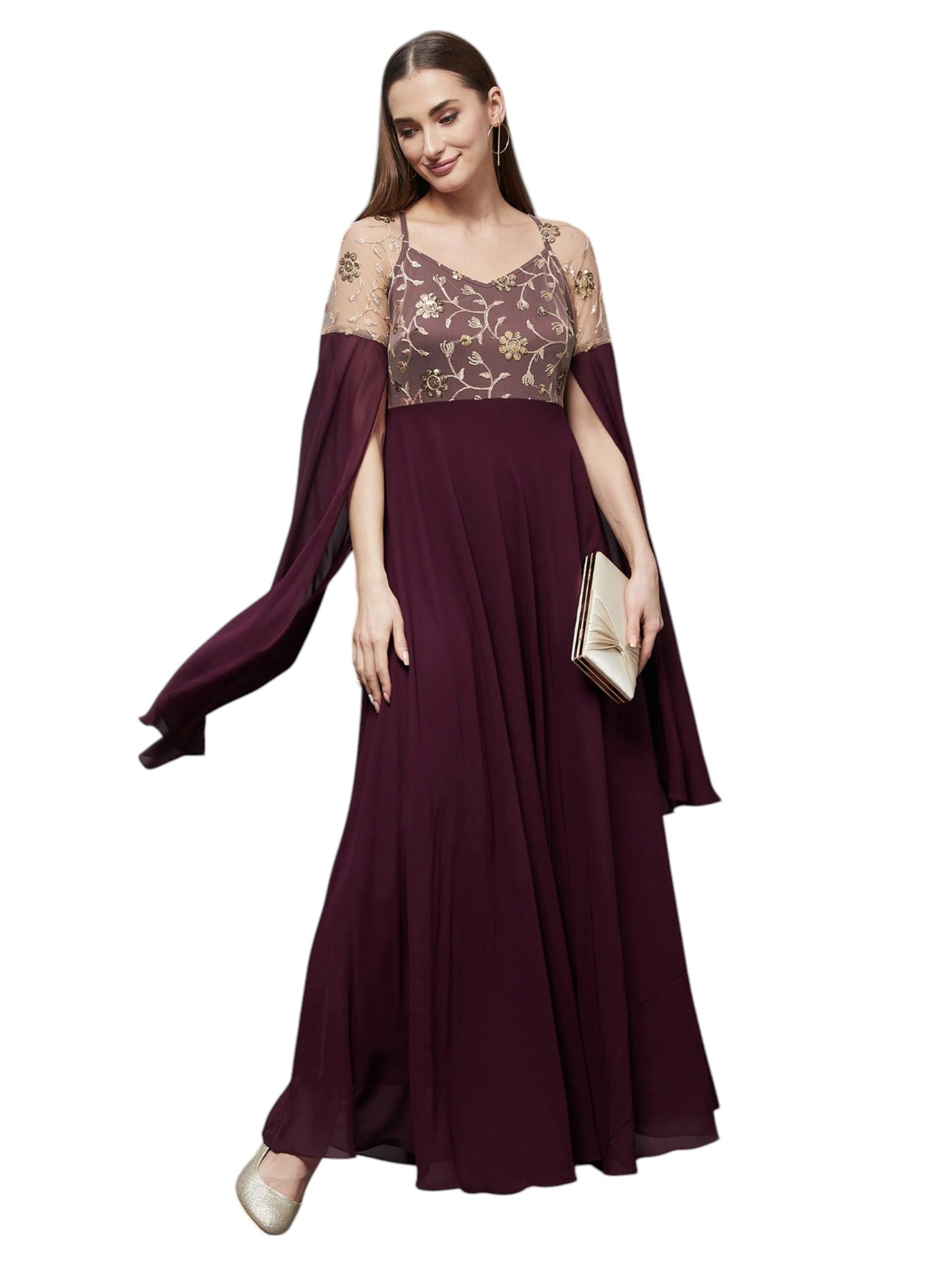 Miss Chase Womens V Neck Flared Long Sleeve Embroidered Fit & Flare Maxi Dress (MCSS25D93-48-640-05, Burgundy, L)