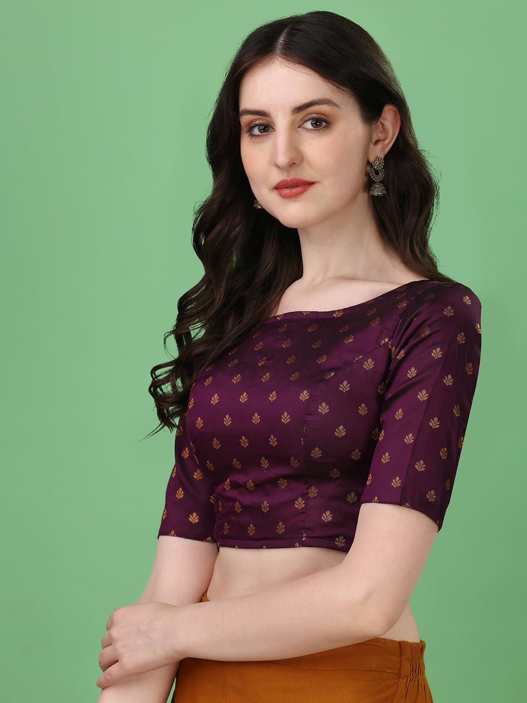 Oomph! Readymade Blouse For Women, Brocade, Purple, Boat Neck