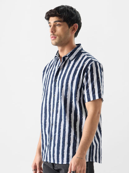 The Souled Store Men Stripes: Midnight Blue Printed Shirts Shirts Casual Button-Down Half Sleeve Printed Graphic Short Sleeve Ca