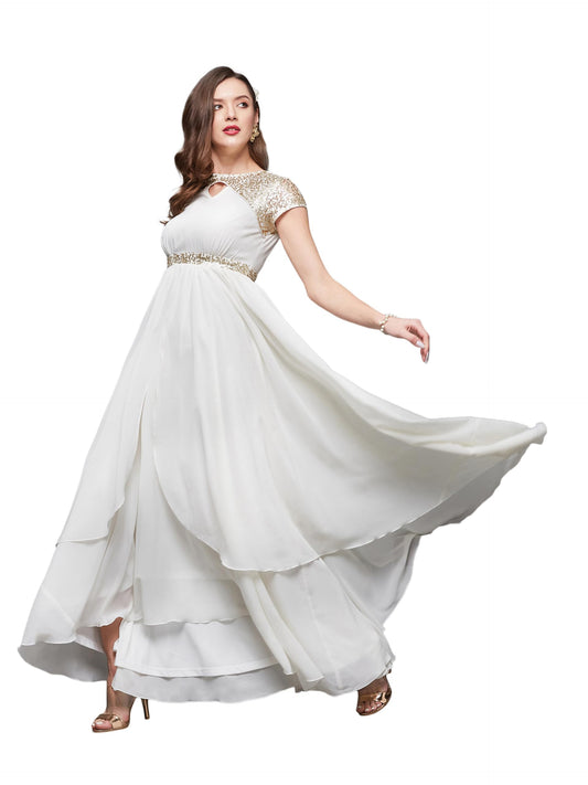 Miss Chase WomenS Keyhole Neck Short Sleeve Embellished Layered Georgette Maxi Dress (Mcss23D06-67-114-06, Off White, Xl)