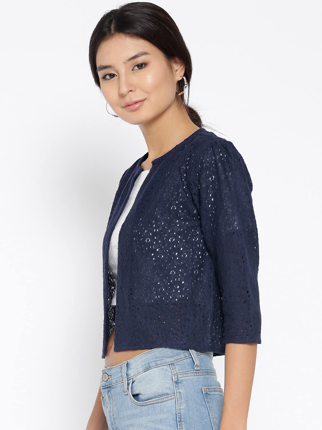 Style Quotient Women Navy Self Design Floral lace Regular Open Front Shrug