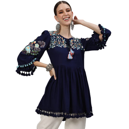 Ishin WomenS Rayon Navyn Blue Embroidered A-Line Top