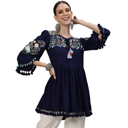 Ishin WomenS Rayon Navyn Blue Embroidered A-Line Top