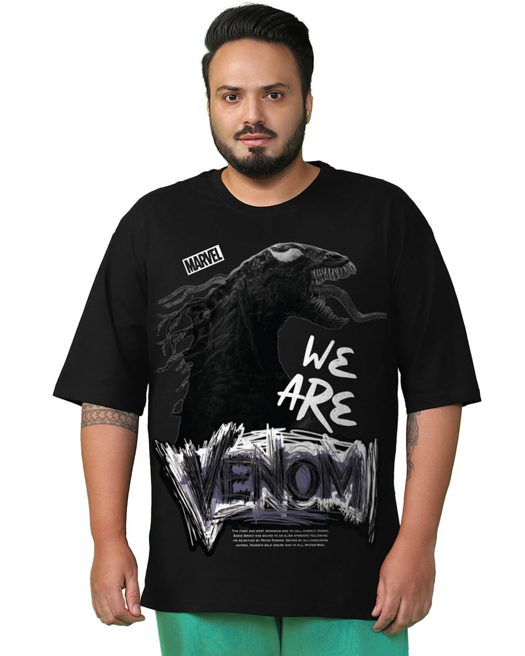 Bewakoof Official Marvel Merchandise Venom Mens Graphic Print Oversized Fit Half Sleeve Round Neck Cotton Plus Size T-Shirt_694