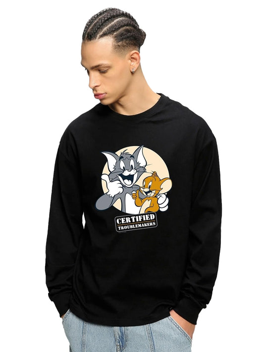 Bewakoof Mens Certified Troublemakers (TJL) Graphic Print 100% Cotton T-Shirt- Oversized Fit, Round Neck, Long Sleeve Black