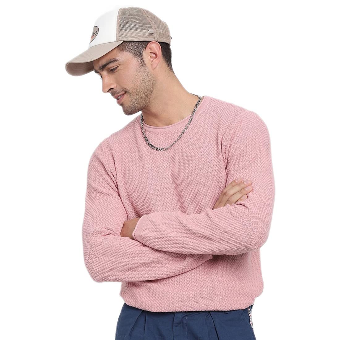 Bewakoof Mens Cotton Self-Design Pink Round Neck Full Sleeve Sweater