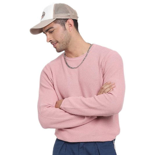 Bewakoof Mens Cotton Self-Design Pink Round Neck Full Sleeve Sweater