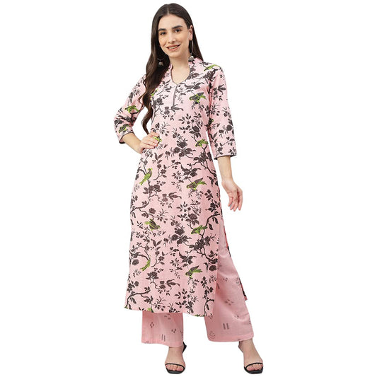 idaLia Grey Print Kurta with Baby Pink Printed Cotton Palazzo Pants
