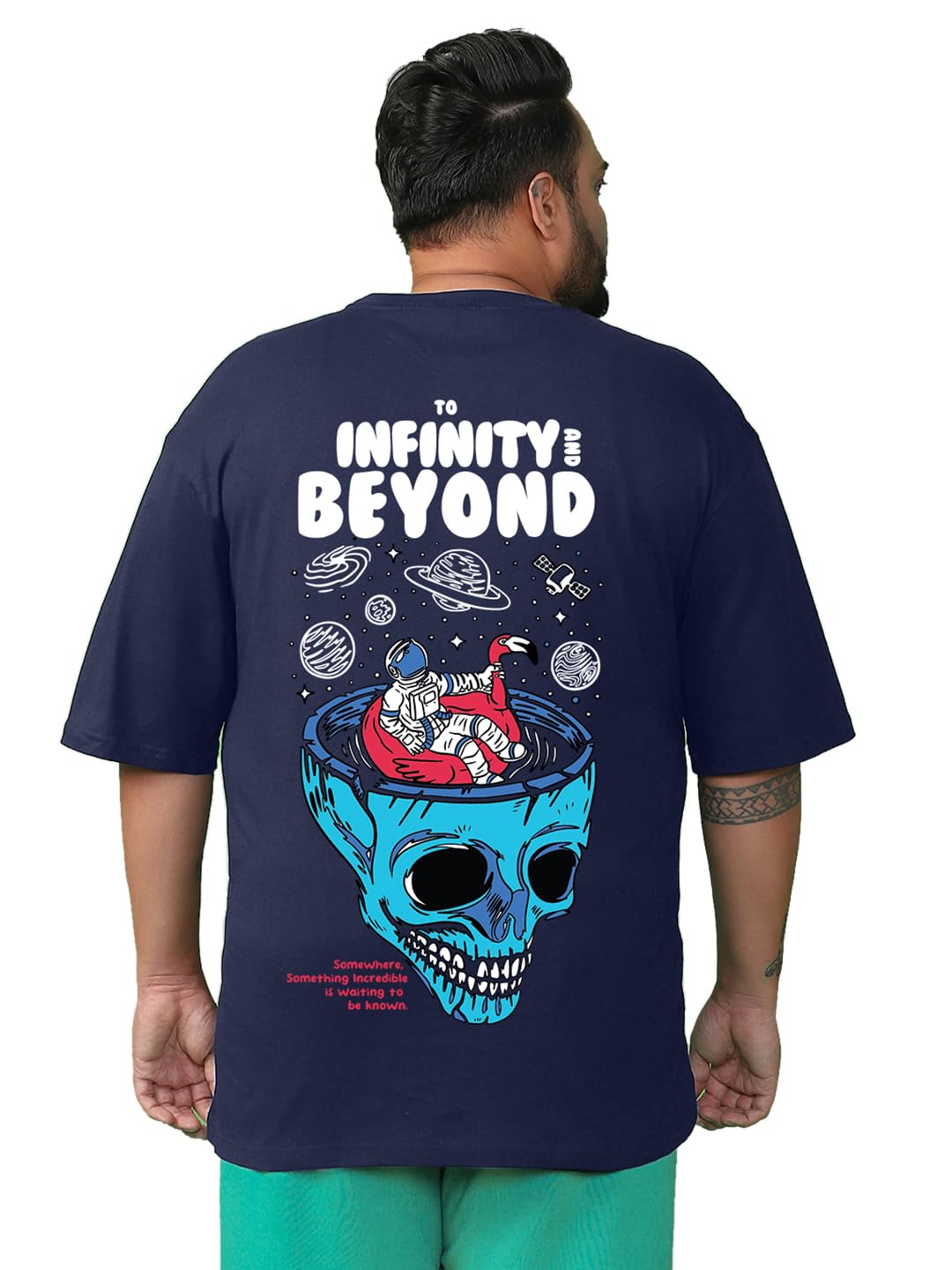 Bewakoof Mens Graphic Print Oversized Fit Half Sleeve Round Neck Cotton Plus Size T-Shirt_634100_Blue_3XL