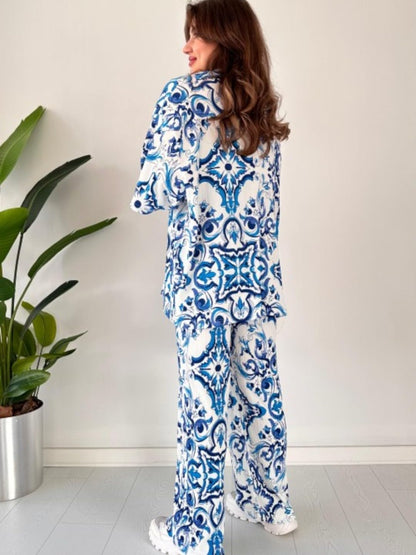 Gufrina WomenS Co-Ords Set - Blue And White Baroque Print Shirt Collar Button-Down Top And Wide-Leg Pants, Rayon Fabric (Sky Bl