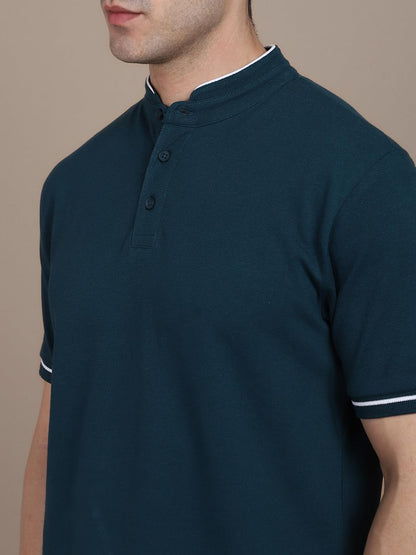 Dennis Lingo MenS Cotton Teal Solid Stand Collar T-Shirt