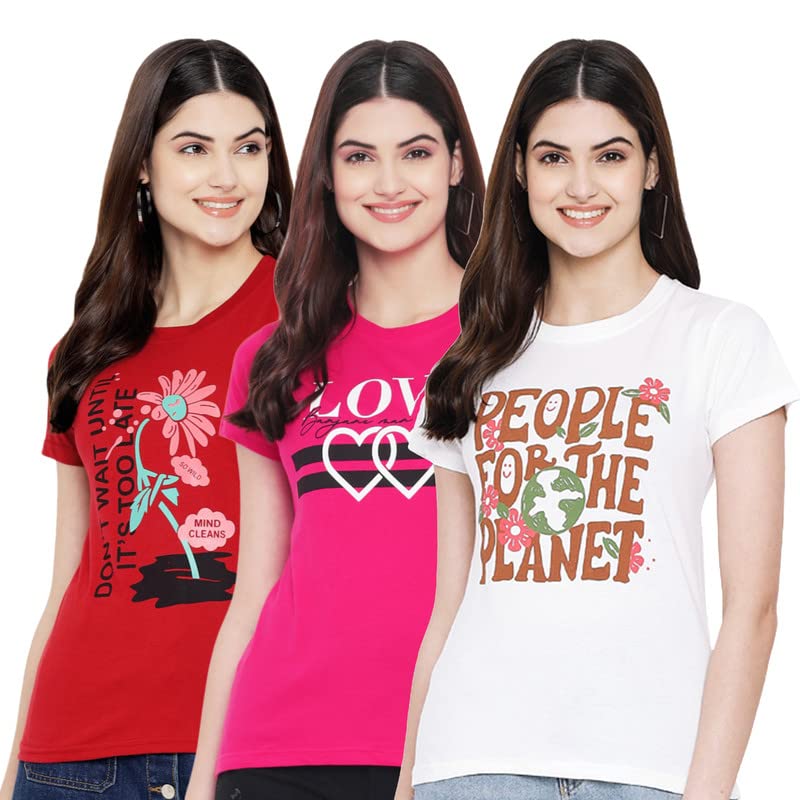 Preneum Womens Cotton Regular Fit Latest Graphic Stylish Printed Short Sleeves Casual T-Shirt || Trending & Styles (Pack 3), Re