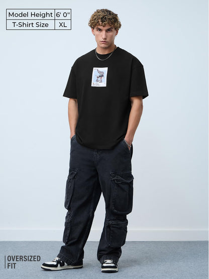 The Souled Store Looney Tunes: Insta Bugs Men and Boys Short Sleeves Round Neck Black Graphic Printed Cotton Oversized T-Shirts