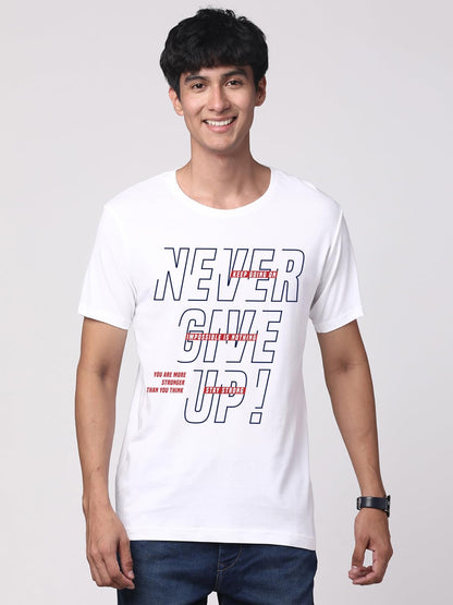 ADRO Never Give Up Printed T-Shirt for Men - 100% Cotton, Regular Fit, Soft Breathable Fabric. (RN23-M-NVR-WH_White)