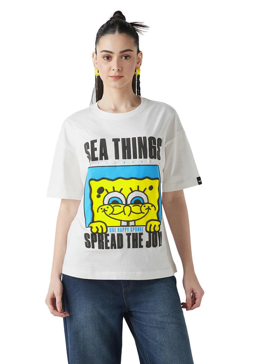 Bewakoof Official Spongebob Merchandise Womens Graphic Printed Oversized Fit Half Sleeve Round Neck Cotton Jersey T-Shirt_65129