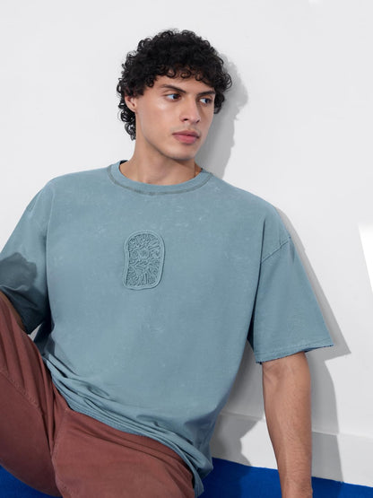 The Souled Store Originals: Blue Soul Men and Boys Short Sleeves Round Neck Blue Embroidered Cotton Oversized T-Shirts