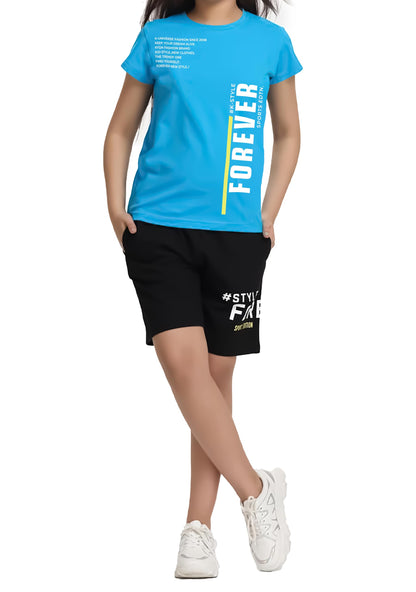 Kyda Kids Girls 100% Pure Cotton Premium Blue Printed Tshirt And Short Set For Summer (Pack Of 1)