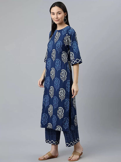 KLOSIA Women Indigo Block Printed Kurta Set with Dupatta