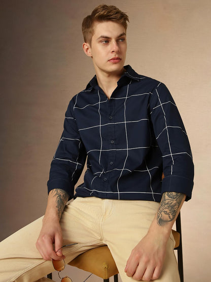 Dennis Lingo MenS Navy Full Sleeve Spread Collar Checkered Regular Fit Casual Shirt