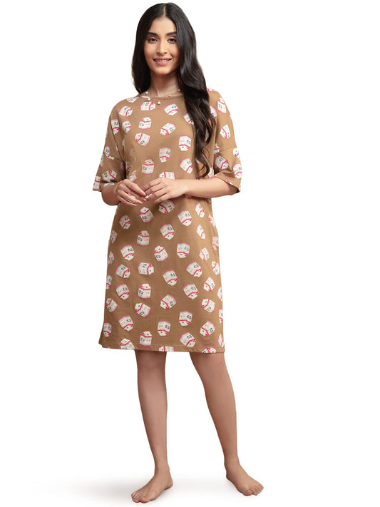 Nykd Women'S Cotton Printed Knee Length Night Dress Sleep Dress, Nys060, Milky Way Brown, S, 1N