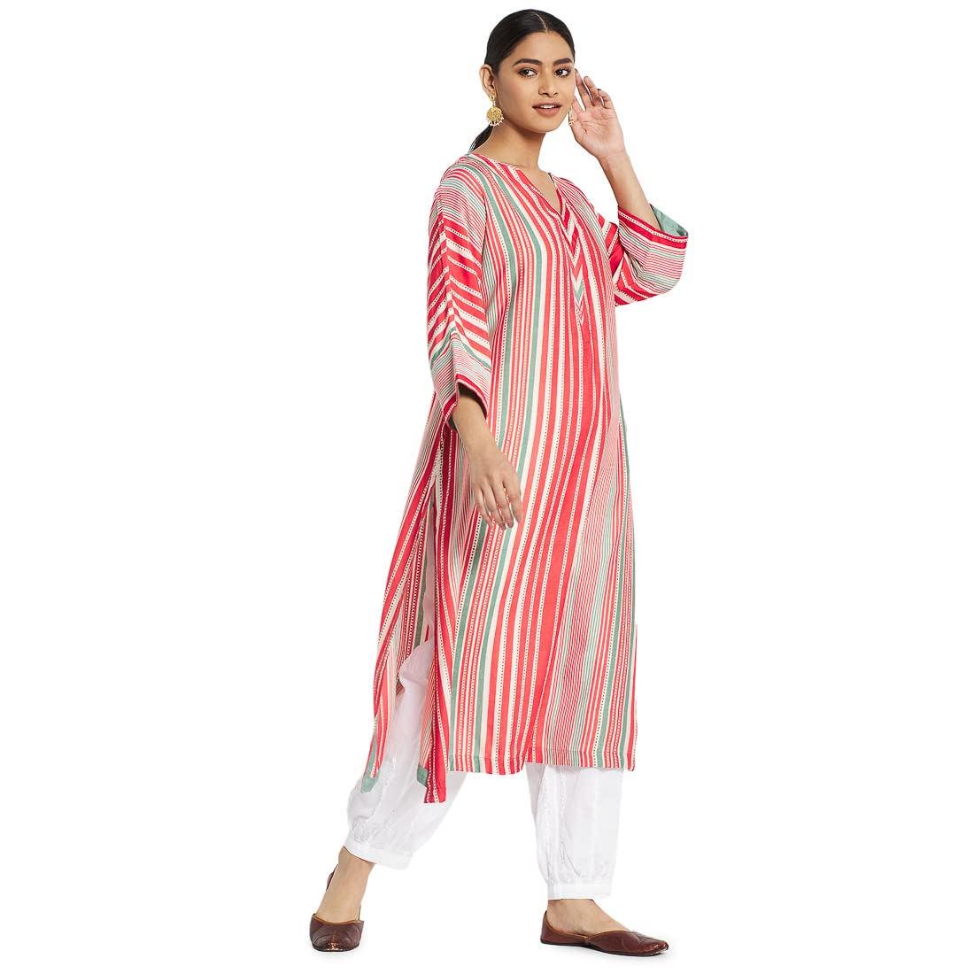 Fabindia Women Screen Printed Viscose Blend ong Kurta Hand_Multicolour