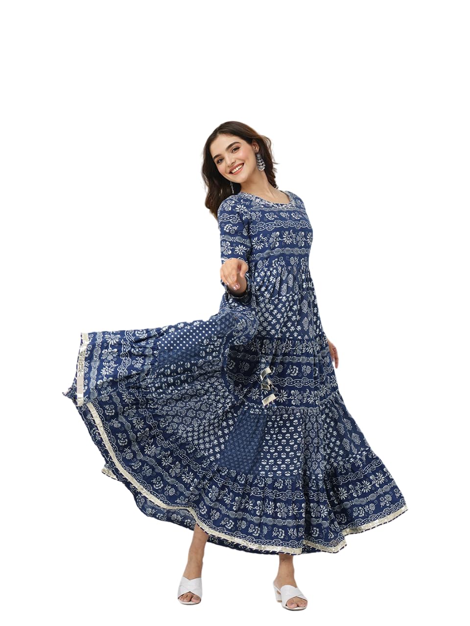 Ishin Navy Blue Cotton Floral Printed Tiered Dress
