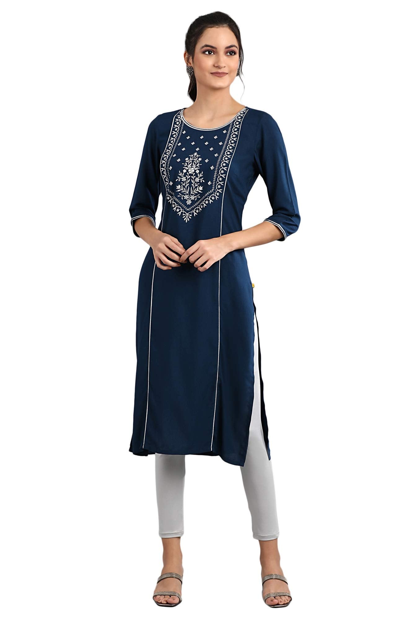Aurelia Women Navy Blue Embroidered Kurta In Round Neckline_22Fea11731-602058_M