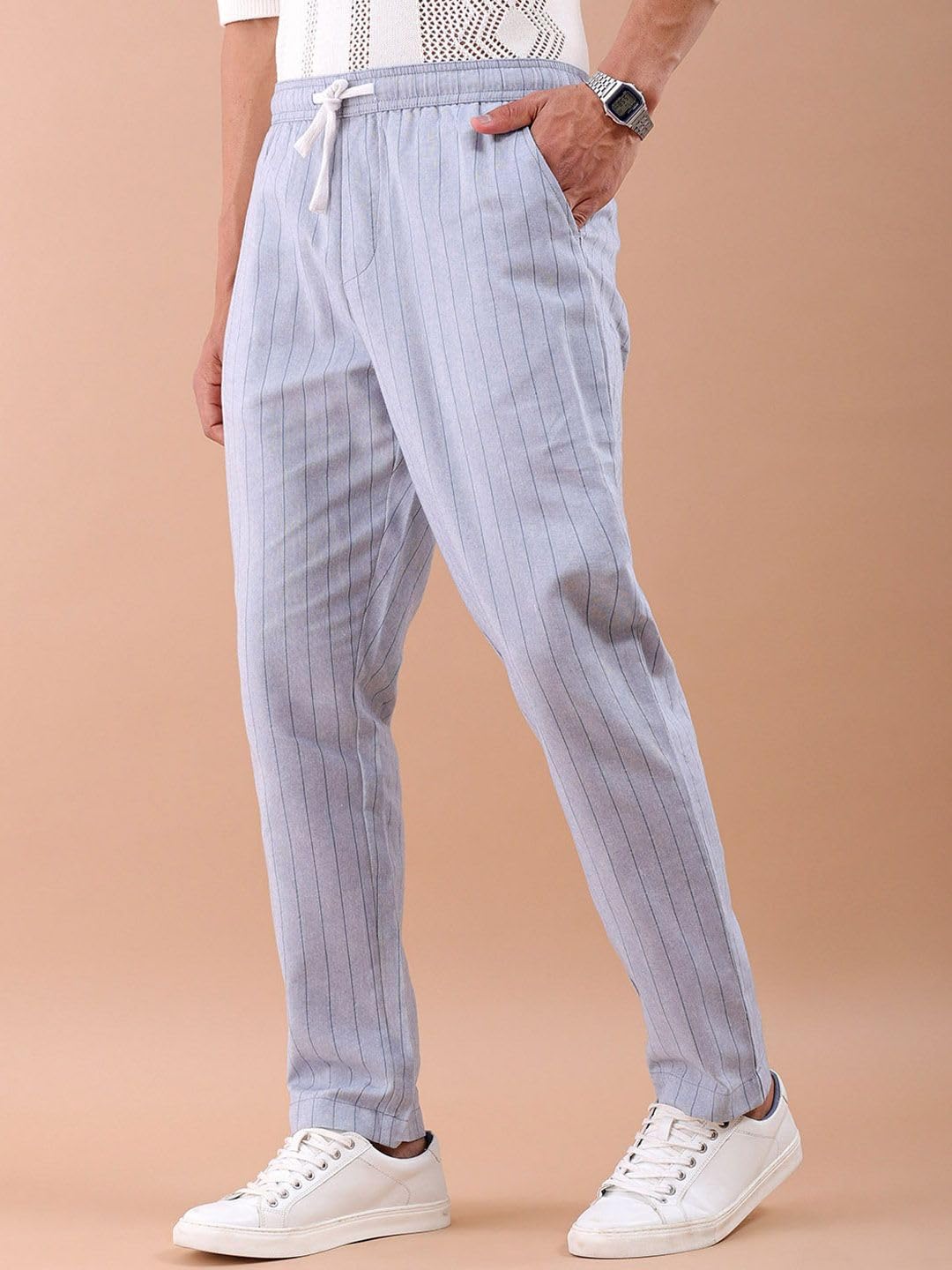 The Indian Garage Co Men Regular Fit Vertical Striped Mid-Rise Elasticated Trousers Oxford Blue
