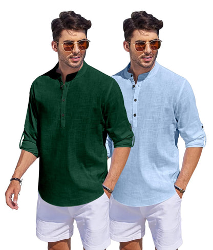 Hemrin Combo Of Men Solid Cotton Blend Straight Kurta Shirt Pack Of 2