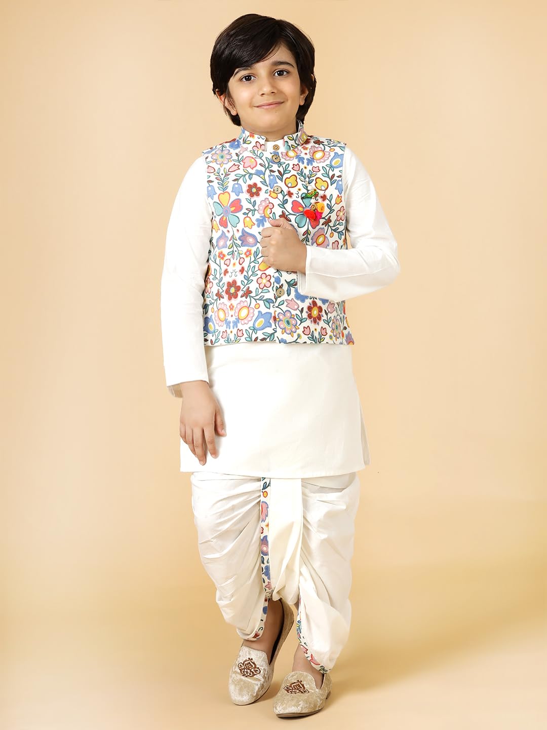 A.T.U.N. (All Things Uber Nice) Boys Mandarin Collar Pure Cotton Straight Kurta With Dhoti Pants & Nehru Jacket