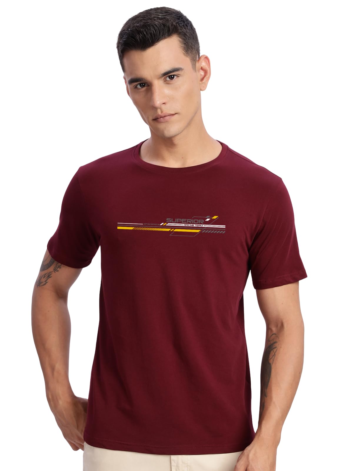 ADRO Men's Graphic Printed 100% Cotton T-Shirt - Regular Fit, Printed T-Shirts for Men (RN24-RAC-MR_Maroon)