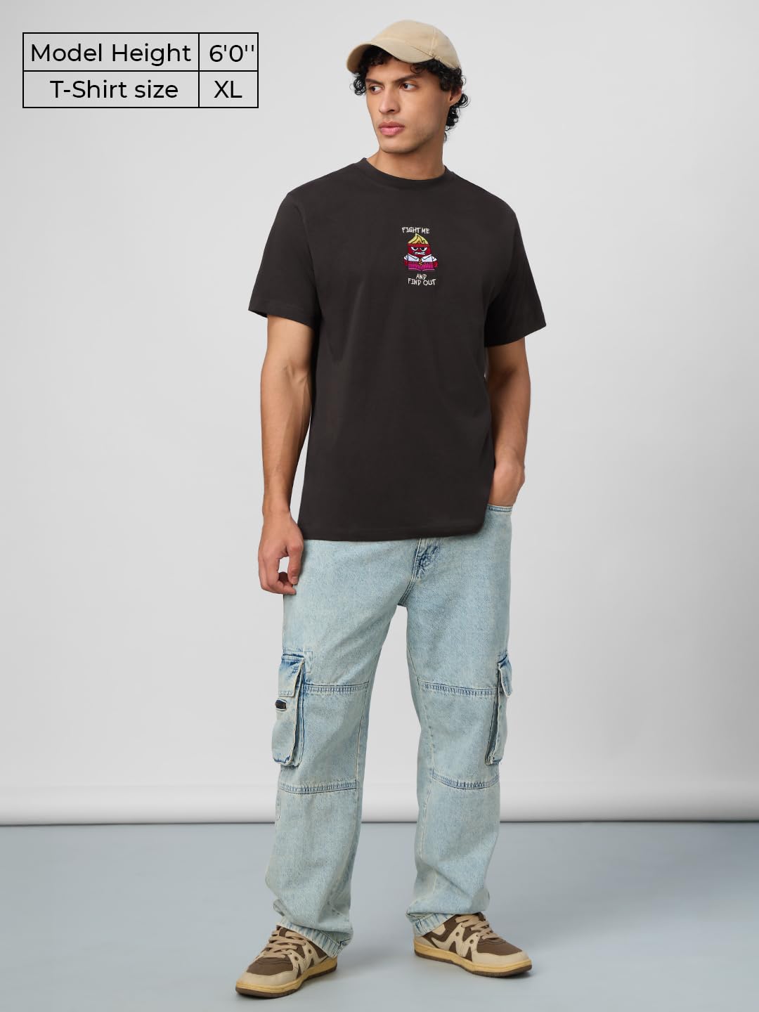 The Souled Store Inside Out: Find Me Men and Boys Short Sleeves Round Neck Brown Embroidered Regular Fit Cotton T-Shirts