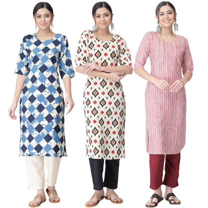 Pinkmint WomenS Crepe Printed Kurta Pant Straight Kurta Set For Women(Pack Of 3)