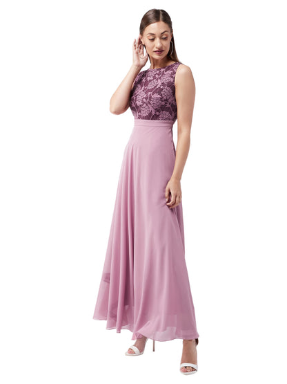 Miss Chase WomenS Round Neck Sleeveless Georgette Floral Lace Fit & Flare Maxi Dress Lavender