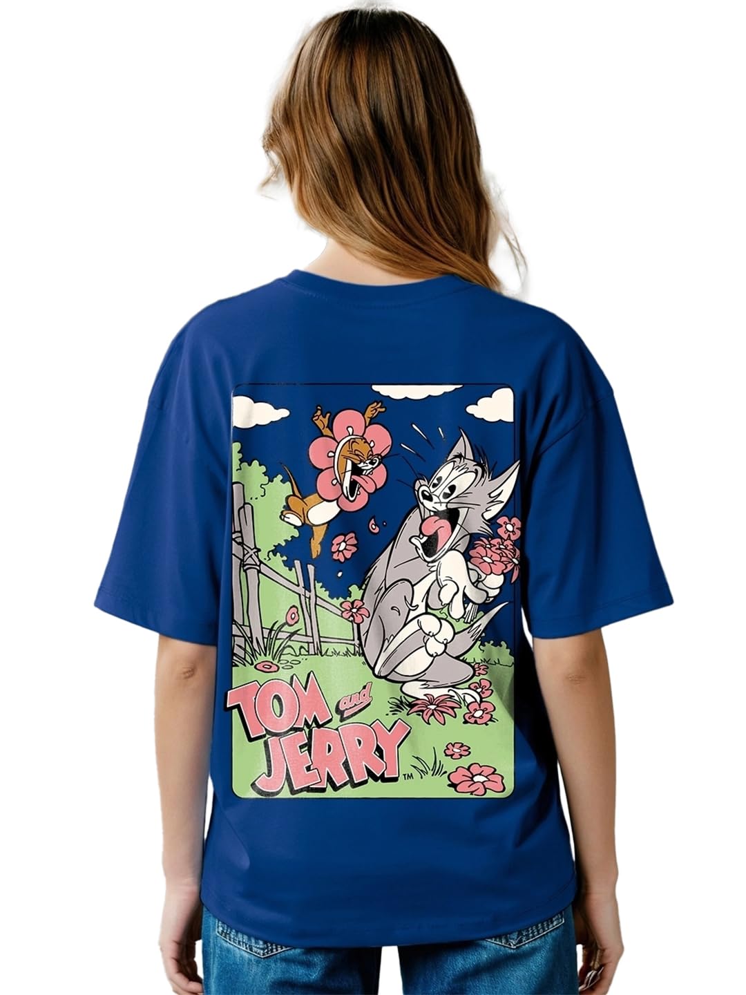 Bewakoof X Official Tom & Jerry Merchandise WomenS T&J Scare Graphic Printed 100% Cotton T-Shirt - Oversized Fit, Round Neck, Ha
