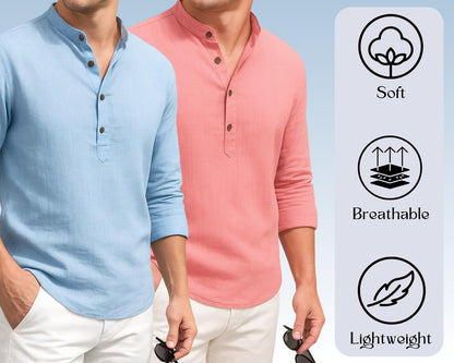Deemoon Combo Of MenS Cotton Blend Solid Regular Fit Full Sleeve Short Kurta | MenS Trendy Short Kurta Pack Of 2 (Available In