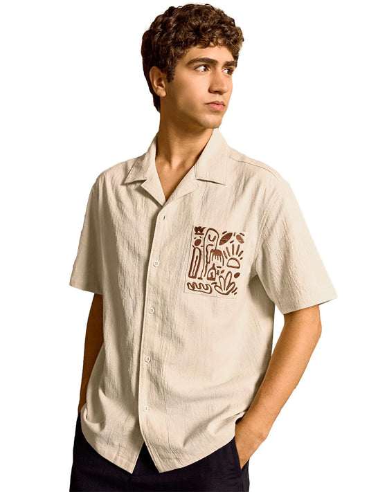Bewakoof Mens Embroidered Oversized Fit Half Sleeve Resort Collar Pure Cotton Shirt_685452_Off White_XL